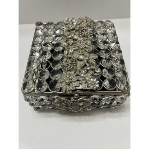 Silver Jeweled Jewelry/Trinket Box Rhinestones Hinged Lid Felt Liner Square 6x6"